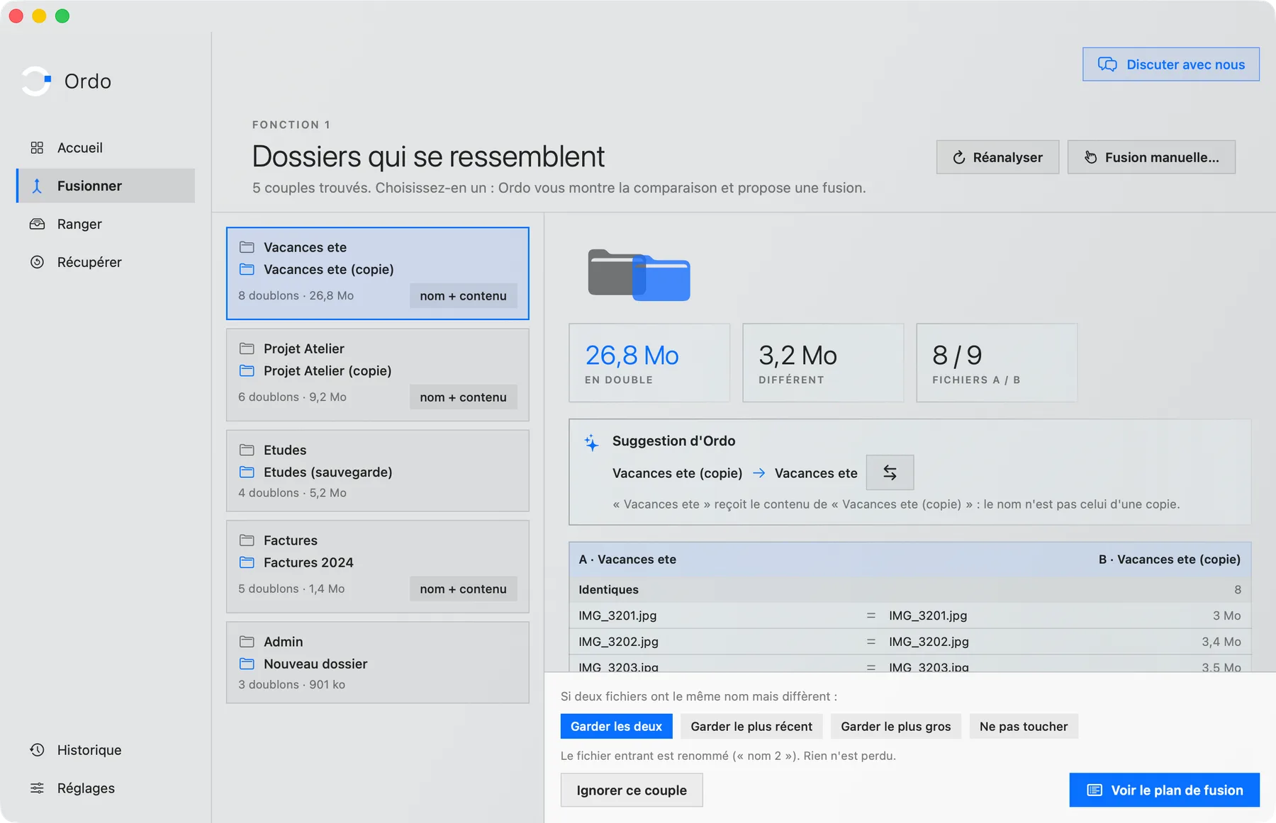 Fusionner : les dossiers qui se ressemblent, comparés fichier par fichier.