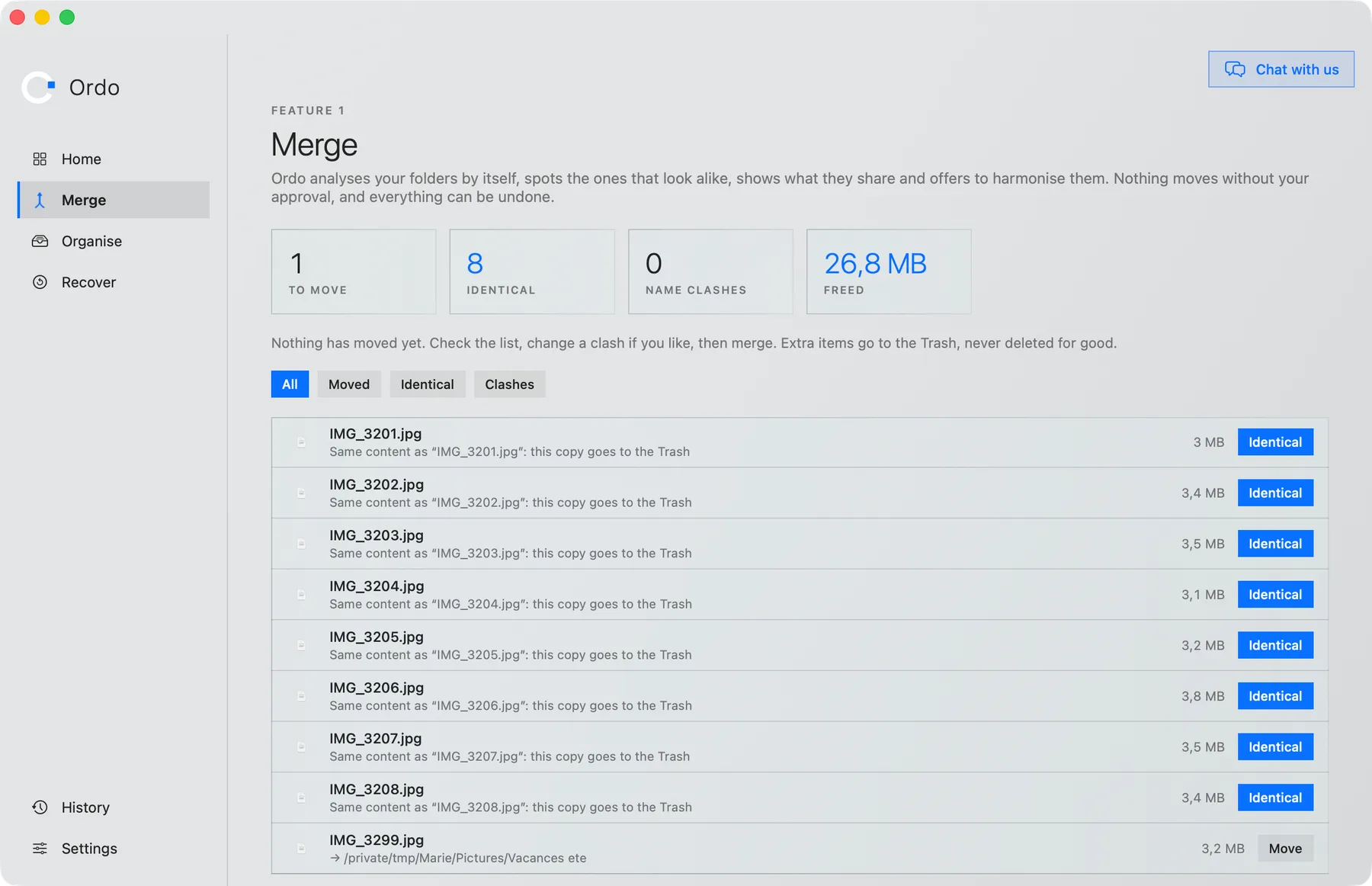 The merge plan: every file, identical or to move