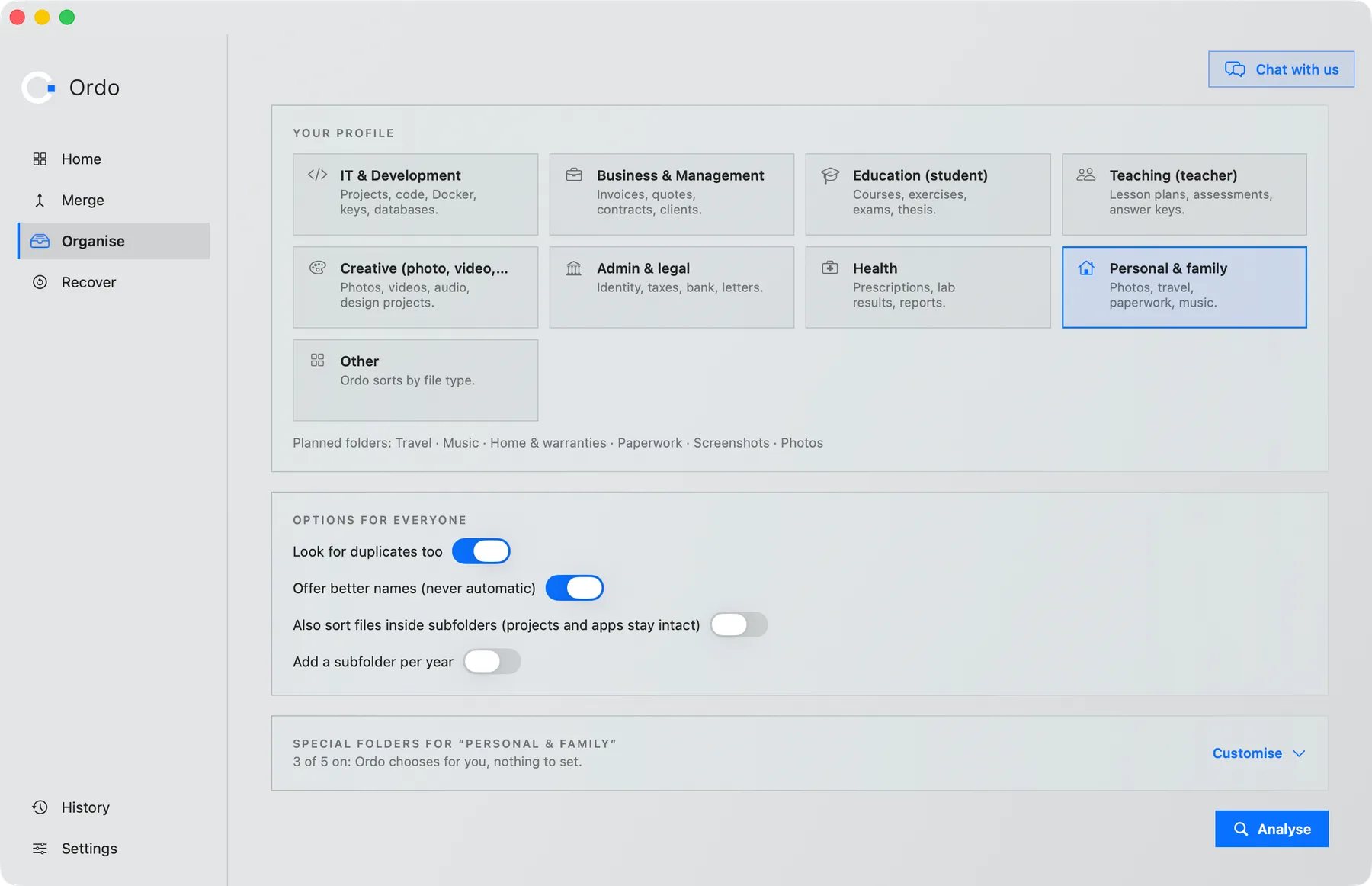 Choosing places, profile and organising options