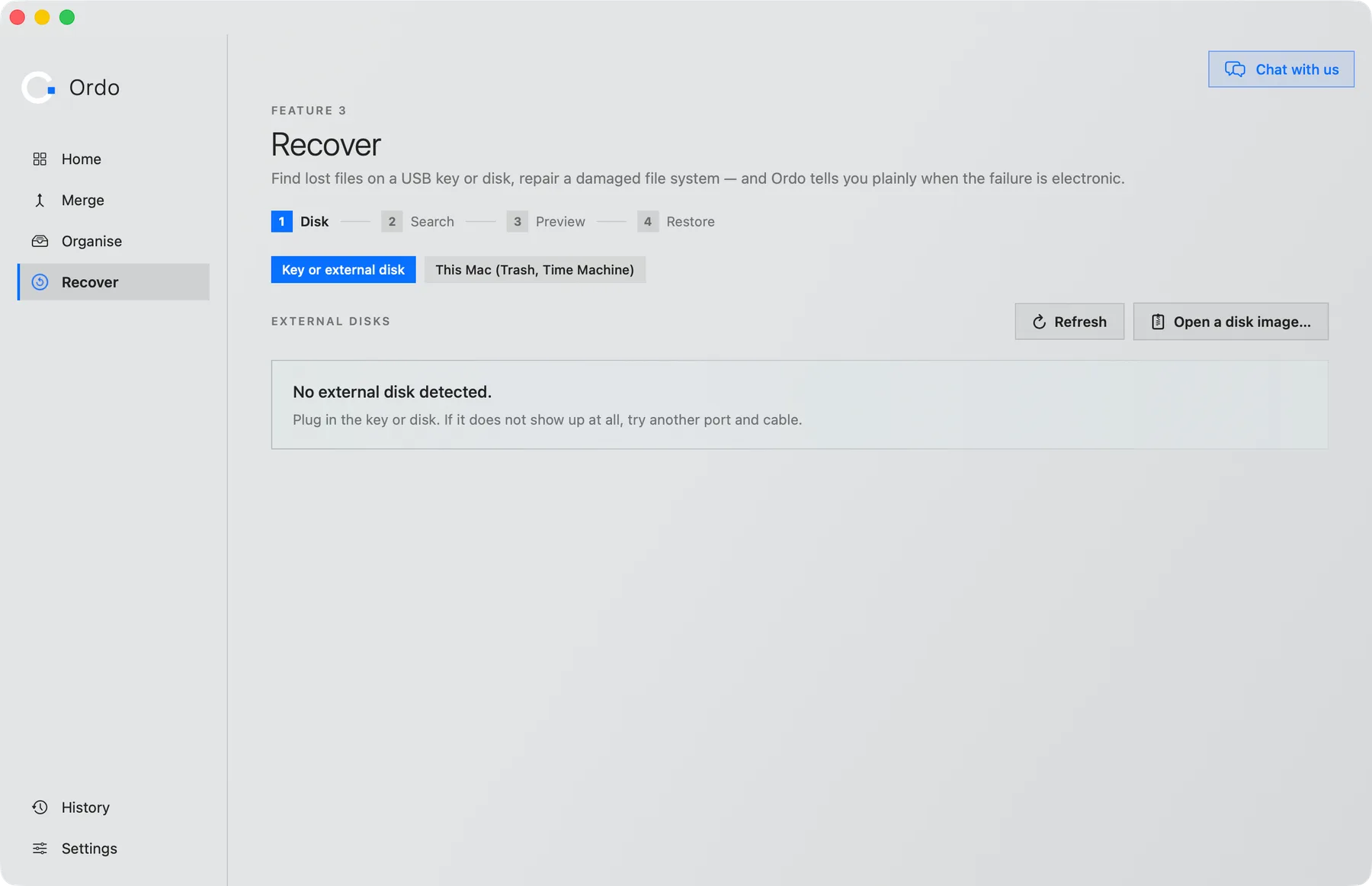 Recover: USB drive, external disk, Trash, Time Machine.