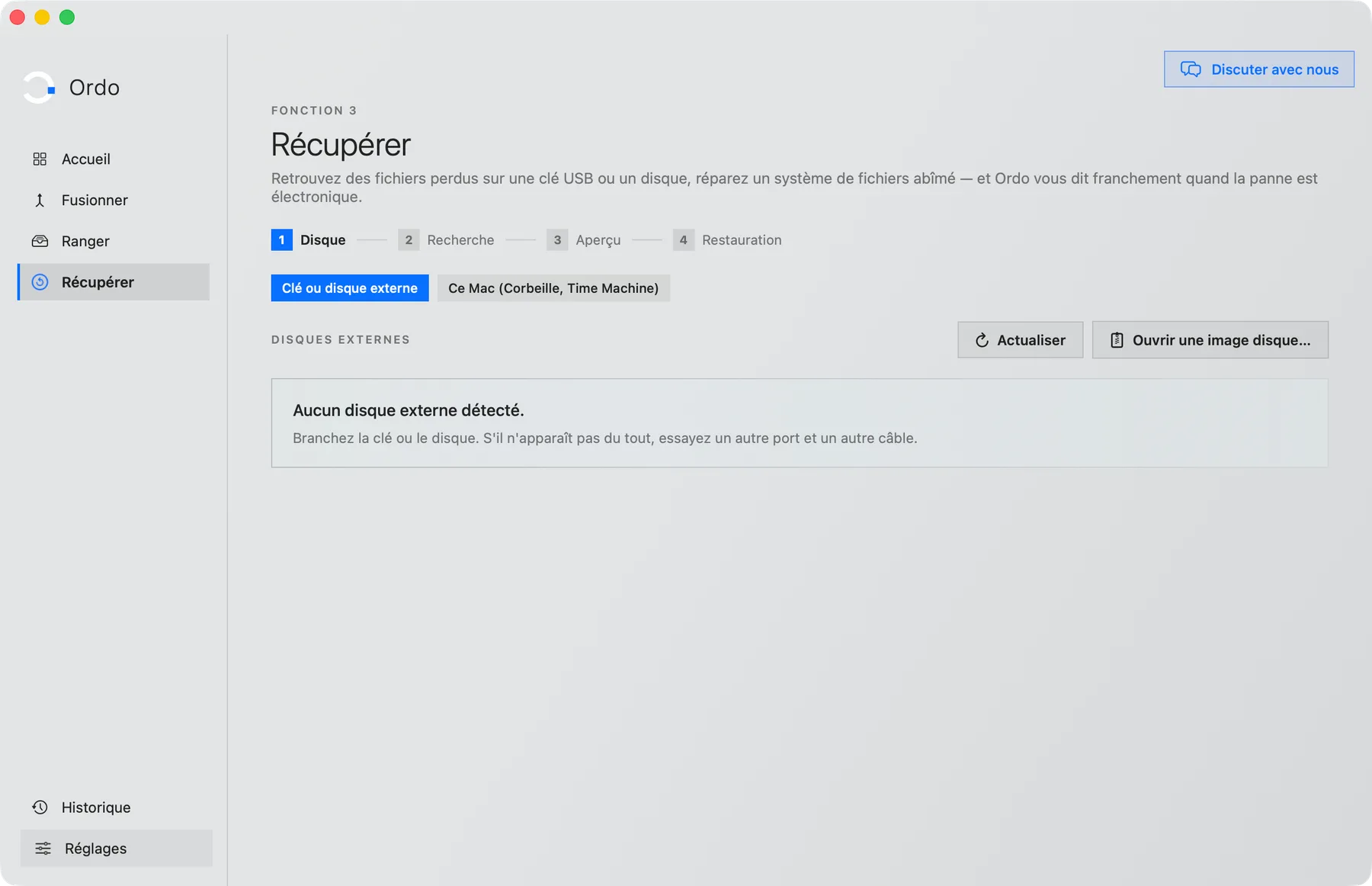 Récupérer : clé USB, disque externe, Corbeille, Time Machine.