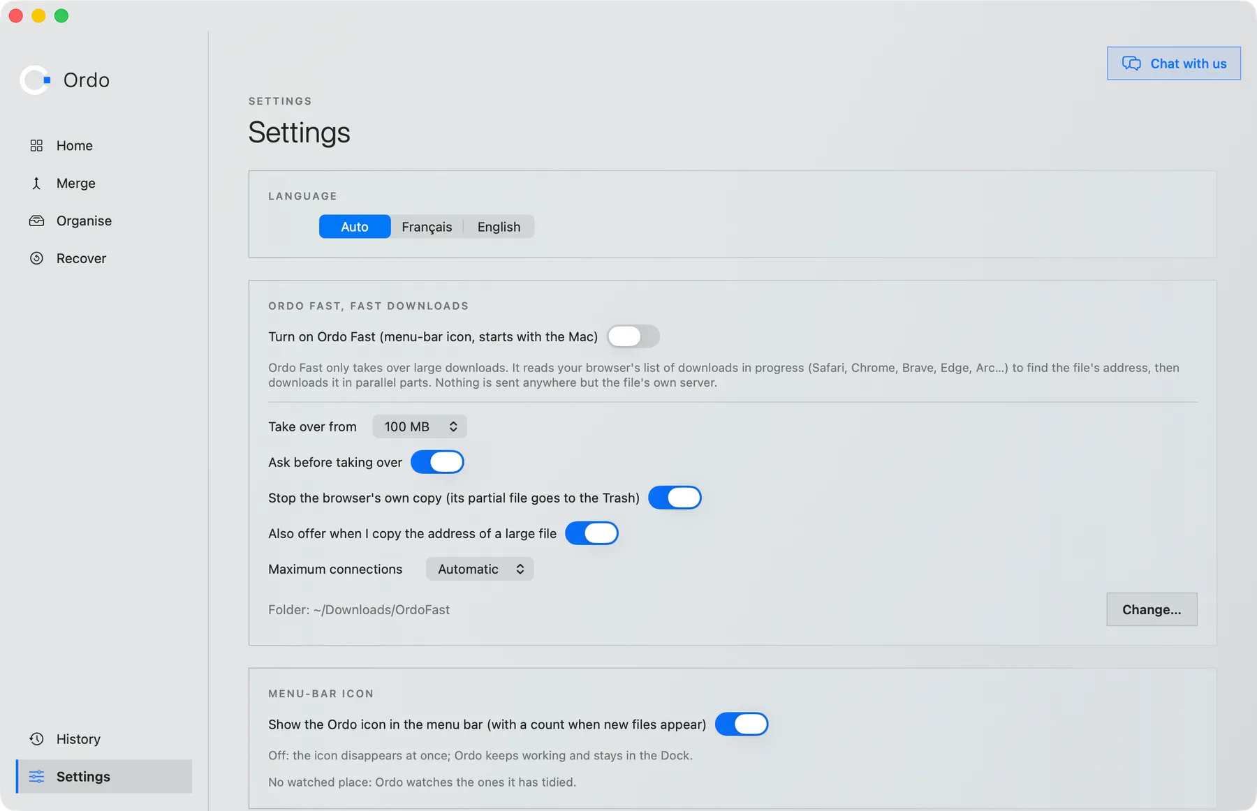 Settings: Ordo Fast and the menu bar icon.