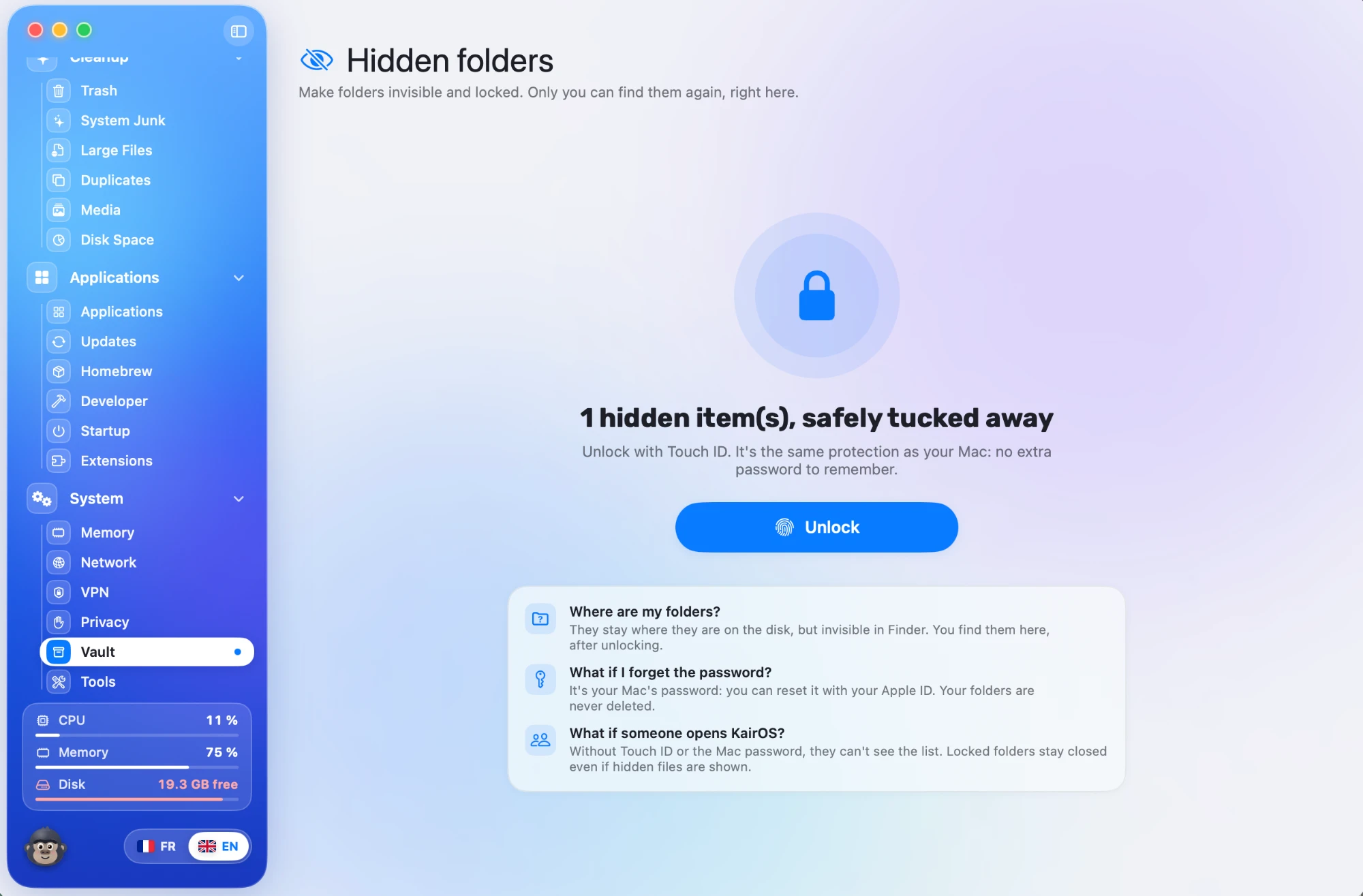 KairOS · hide and lock folders