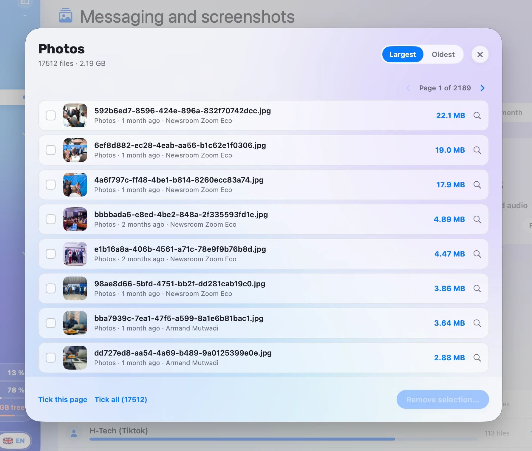 KairOS · list of WhatsApp photos, sorted by size